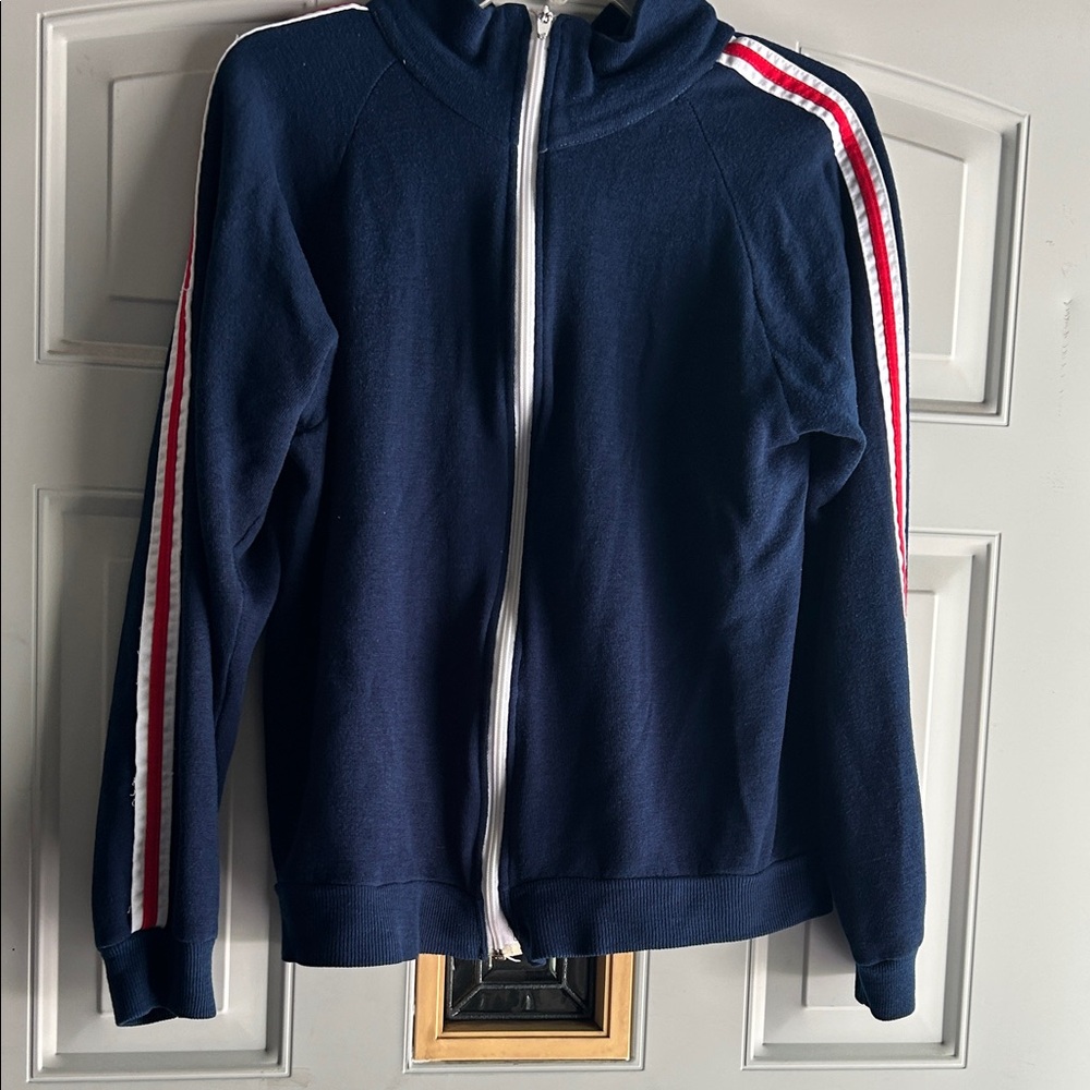 Vintage 1970 Navy Blue Junior Warm Up Suit with Red and White Stripes - Medium
